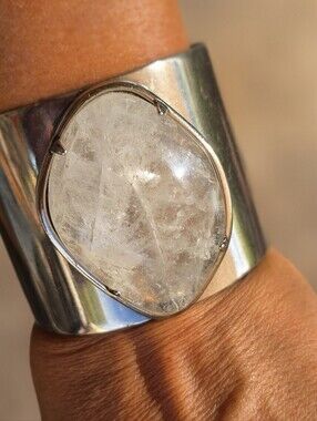 Wow HUGE natural quartz bezel set thick silver cuff bracelet bohemian